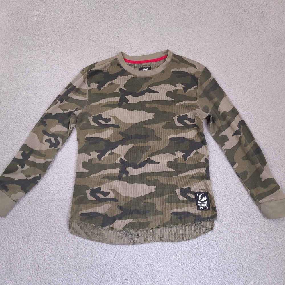 Ecko Unltd T-Shirt Womens Large Green Camo Long Sleeve Crew Neck Thermal Logo